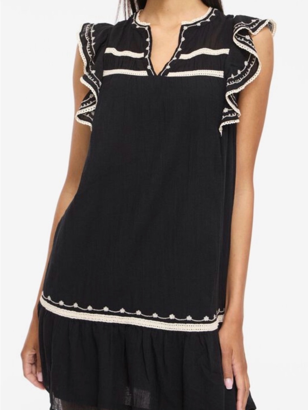 Sleeveless Black Mini Dress with Cream Trim